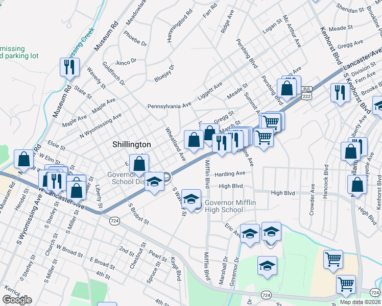 map of restaurants, bars, coffee shops, grocery stores, and more near 437 March Street in Shillington