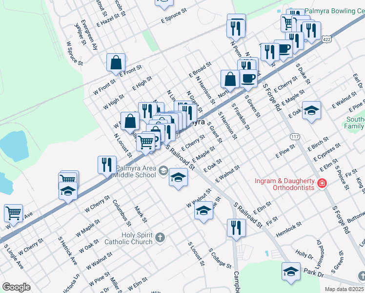 map of restaurants, bars, coffee shops, grocery stores, and more near 54 East Main Street in Palmyra