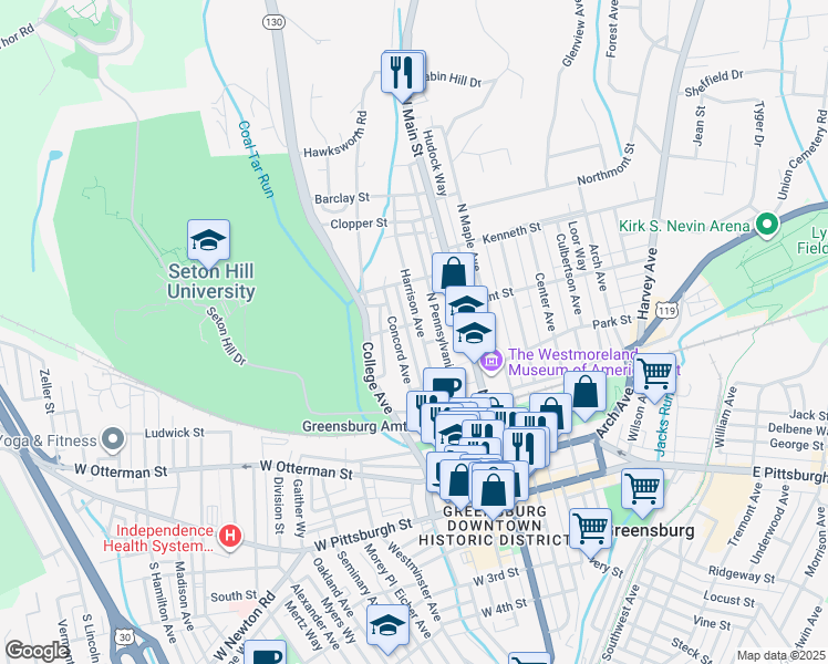 map of restaurants, bars, coffee shops, grocery stores, and more near 414 Harrison Avenue in Greensburg