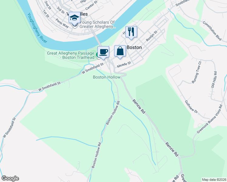 map of restaurants, bars, coffee shops, grocery stores, and more near 1421 Boston Hollow Road in McKeesport