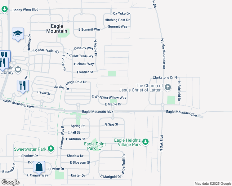 map of restaurants, bars, coffee shops, grocery stores, and more near 2362 Quaking Aspen Lane in Eagle Mountain
