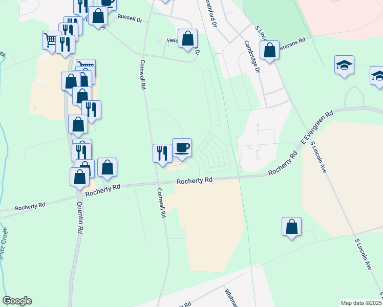 map of restaurants, bars, coffee shops, grocery stores, and more near 210 Springwood Drive in Lebanon