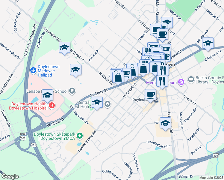 map of restaurants, bars, coffee shops, grocery stores, and more near 258 West State Street in Doylestown