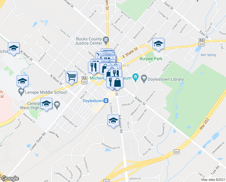 map of restaurants, bars, coffee shops, grocery stores, and more near 74A South Hamilton Street in Doylestown