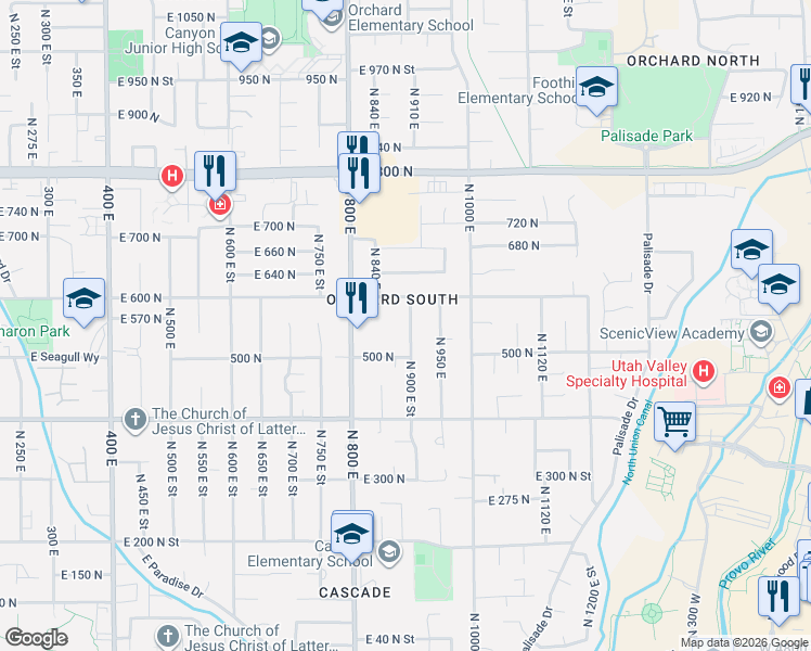 map of restaurants, bars, coffee shops, grocery stores, and more near 551 North 900 East Street in Orem