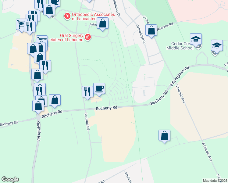 map of restaurants, bars, coffee shops, grocery stores, and more near 726 Farmwood Lane in Lebanon County
