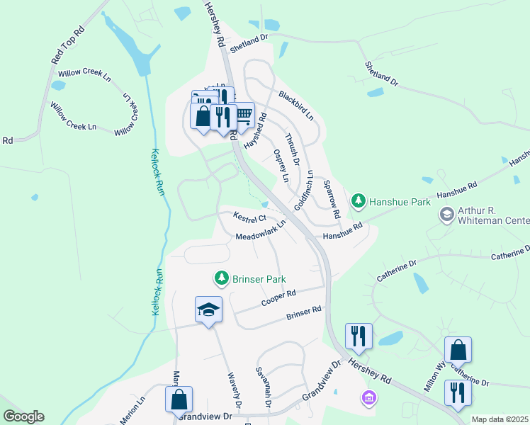 map of restaurants, bars, coffee shops, grocery stores, and more near 138 Kestrel Court in Hummelstown