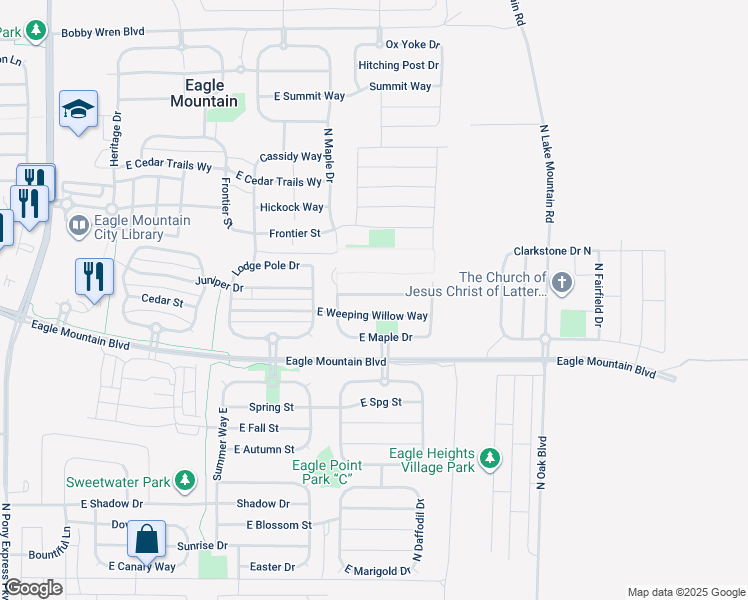 map of restaurants, bars, coffee shops, grocery stores, and more near 2312 Quaking Aspen Lane in Eagle Mountain