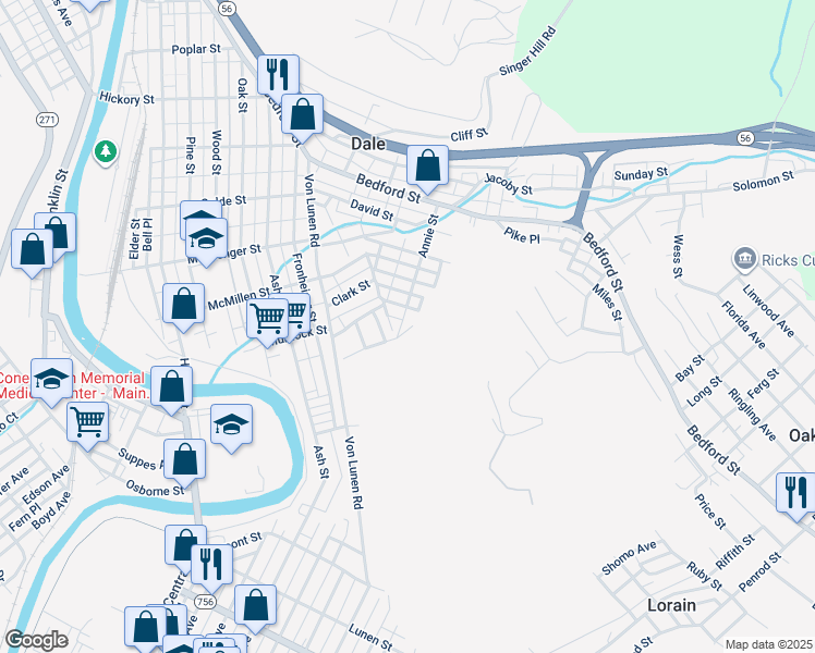 map of restaurants, bars, coffee shops, grocery stores, and more near 1007 Annie Street in Johnstown