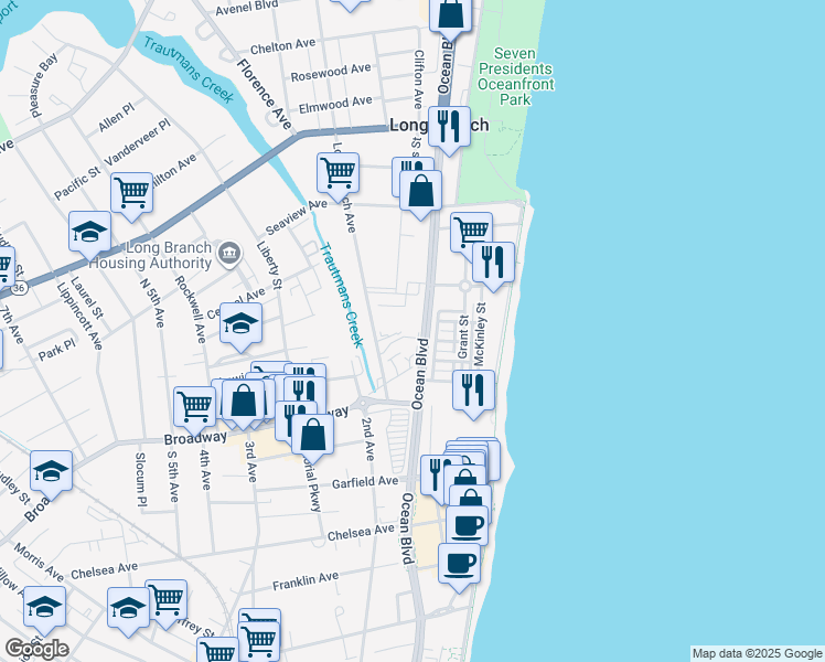 map of restaurants, bars, coffee shops, grocery stores, and more near 75 Long Branch Avenue in Long Branch