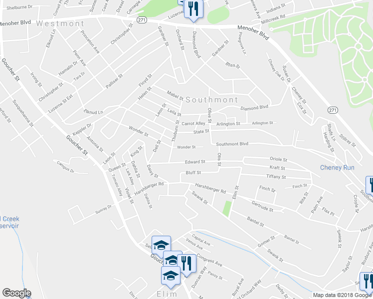 map of restaurants, bars, coffee shops, grocery stores, and more near 129 Wonder Street in Johnstown