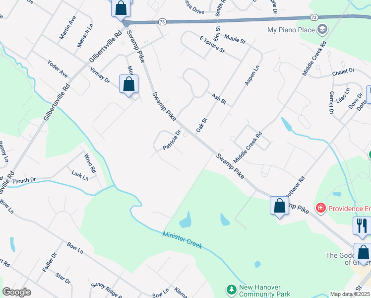 map of restaurants, bars, coffee shops, grocery stores, and more near 130 Paul Drive in Gilbertsville
