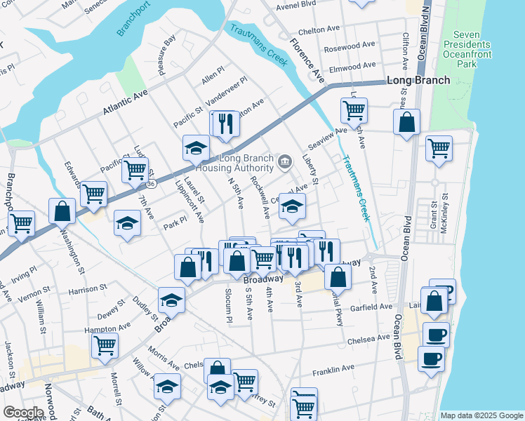 map of restaurants, bars, coffee shops, grocery stores, and more near 103 North 5th Avenue in Long Branch