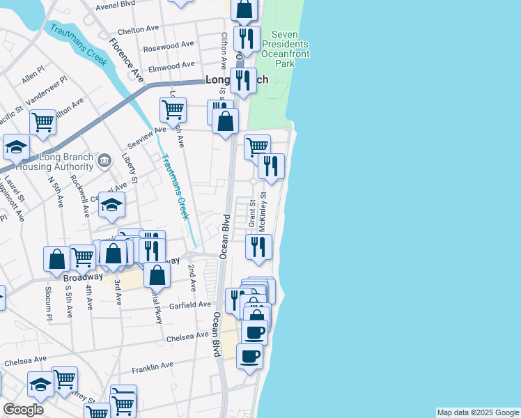 map of restaurants, bars, coffee shops, grocery stores, and more near 30 McKinley Street in Long Branch