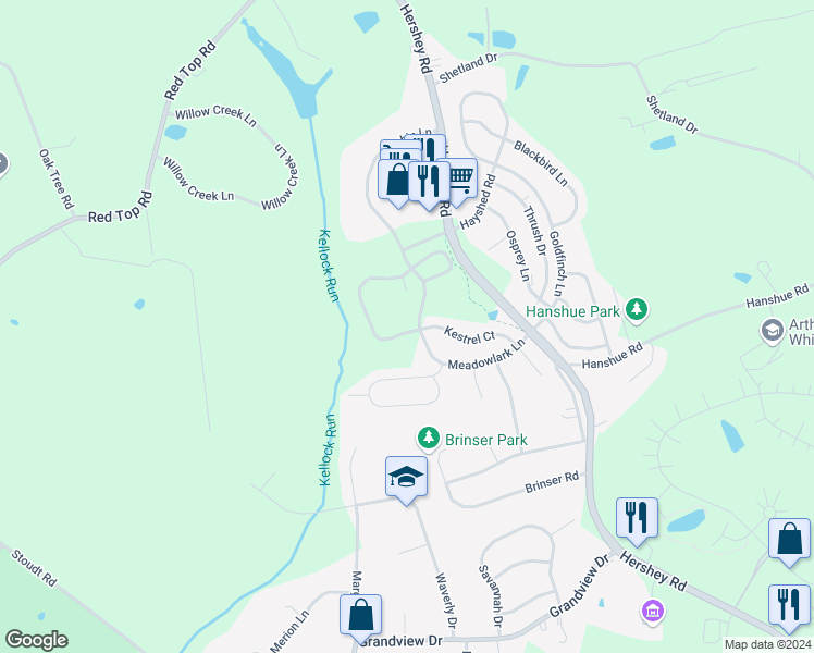 map of restaurants, bars, coffee shops, grocery stores, and more near 102 Peregrine Lane in Hummelstown