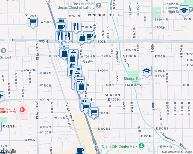map of restaurants, bars, coffee shops, grocery stores, and more near 560 North Main Street in Orem