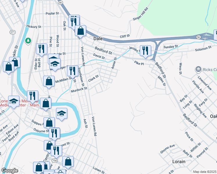 map of restaurants, bars, coffee shops, grocery stores, and more near 1007 Annie Street in Johnstown