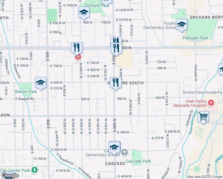 map of restaurants, bars, coffee shops, grocery stores, and more near 585 North 800 East in Orem