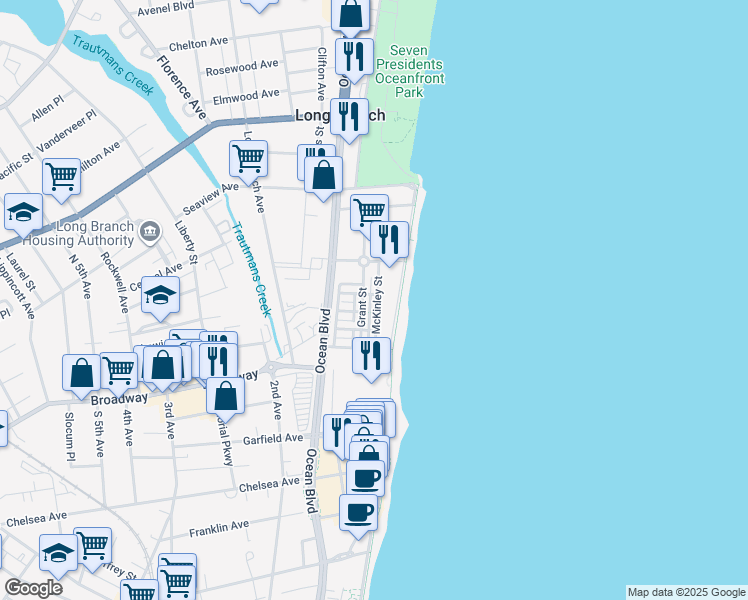 map of restaurants, bars, coffee shops, grocery stores, and more near 30 McKinley Street in Long Branch