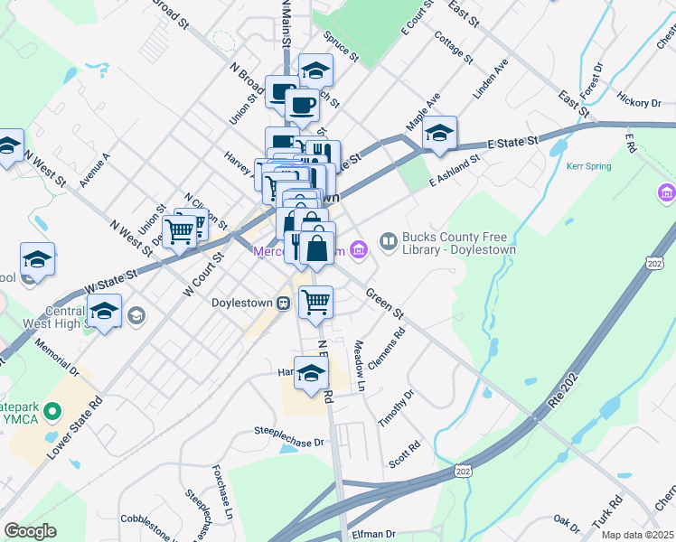 map of restaurants, bars, coffee shops, grocery stores, and more near 84 South Pine Street in Doylestown