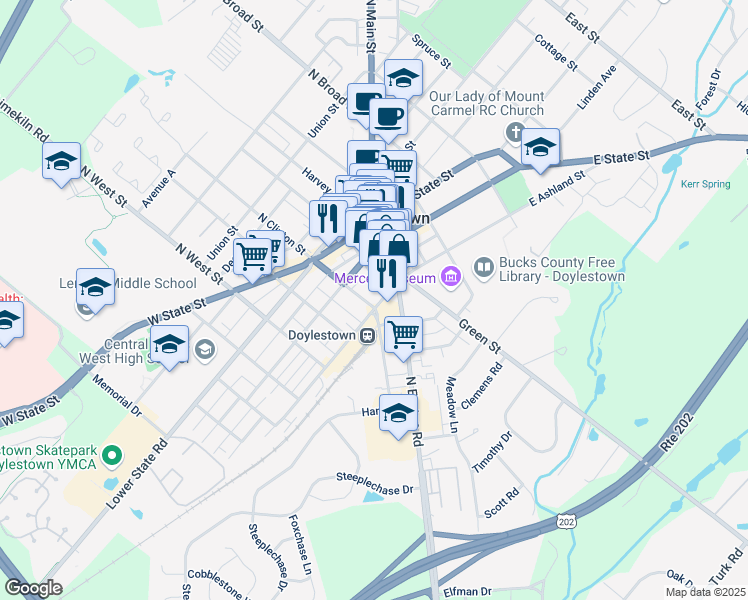 map of restaurants, bars, coffee shops, grocery stores, and more near 74A South Hamilton Street in Doylestown