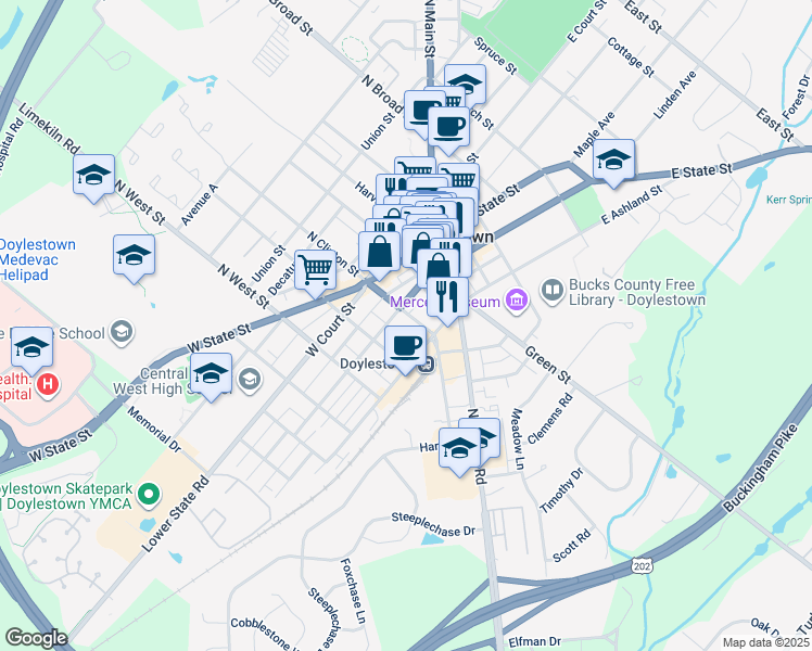 map of restaurants, bars, coffee shops, grocery stores, and more near 50 South Clinton Street in Doylestown