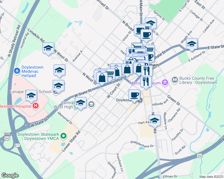 map of restaurants, bars, coffee shops, grocery stores, and more near 180 West State Street in Doylestown