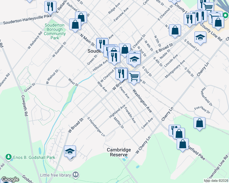 map of restaurants, bars, coffee shops, grocery stores, and more near 52 West Broad Street in Souderton