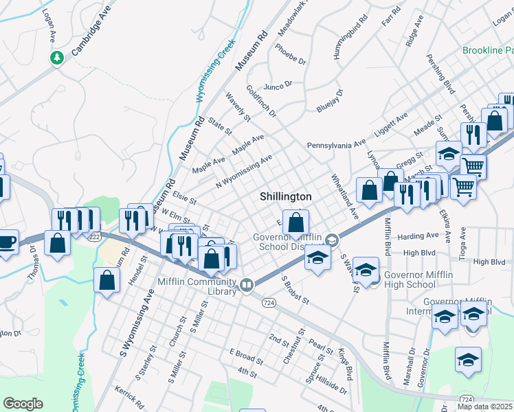 map of restaurants, bars, coffee shops, grocery stores, and more near 134 Pennsylvania Avenue in Shillington