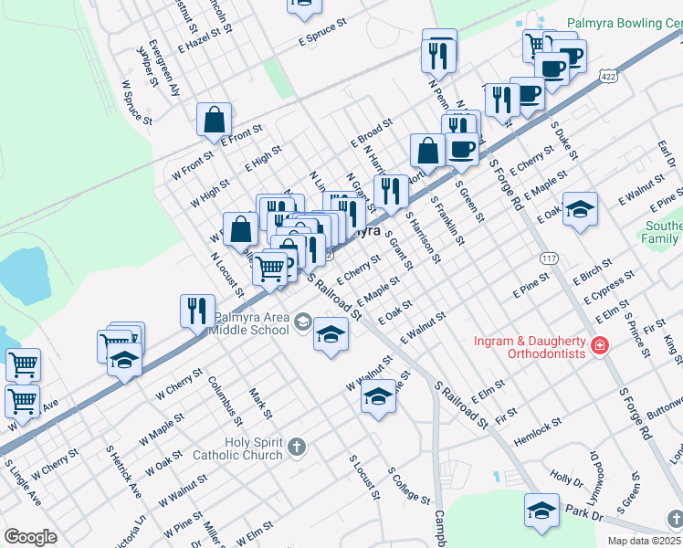 map of restaurants, bars, coffee shops, grocery stores, and more near 54 East Main Street in Palmyra