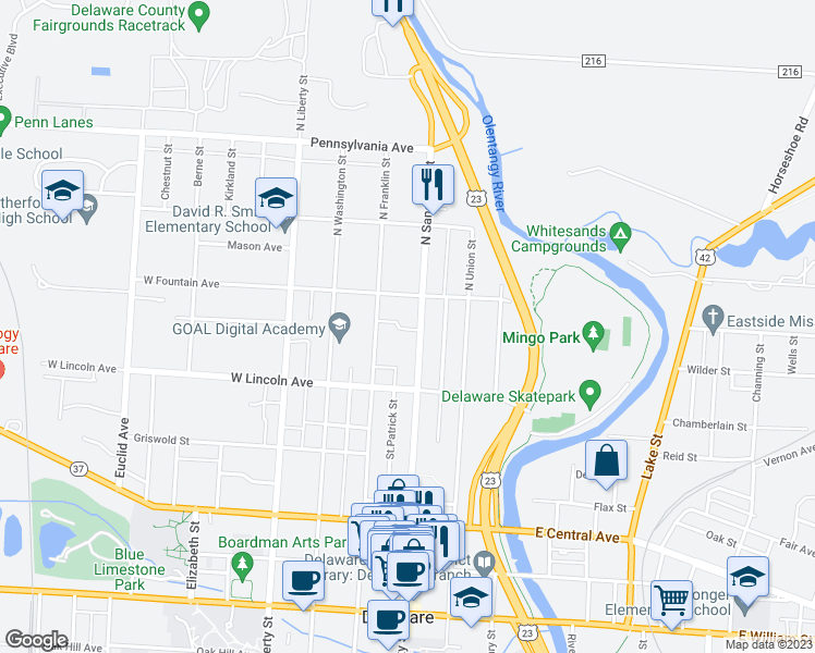 map of restaurants, bars, coffee shops, grocery stores, and more near 298 North Sandusky Street in Delaware