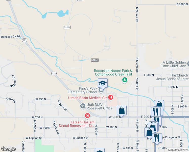 map of restaurants, bars, coffee shops, grocery stores, and more near 501 North 300 West in Roosevelt