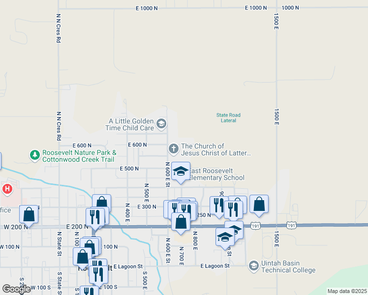 map of restaurants, bars, coffee shops, grocery stores, and more near 710 East 600 North in Roosevelt