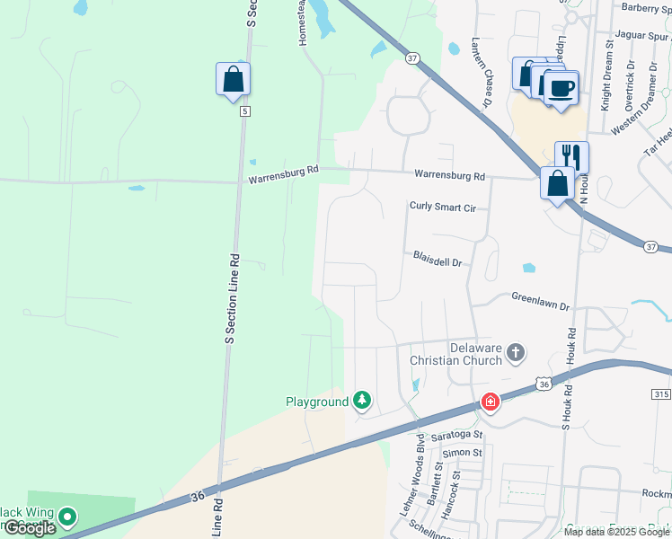 map of restaurants, bars, coffee shops, grocery stores, and more near 107 Curly Smart Circle in Delaware