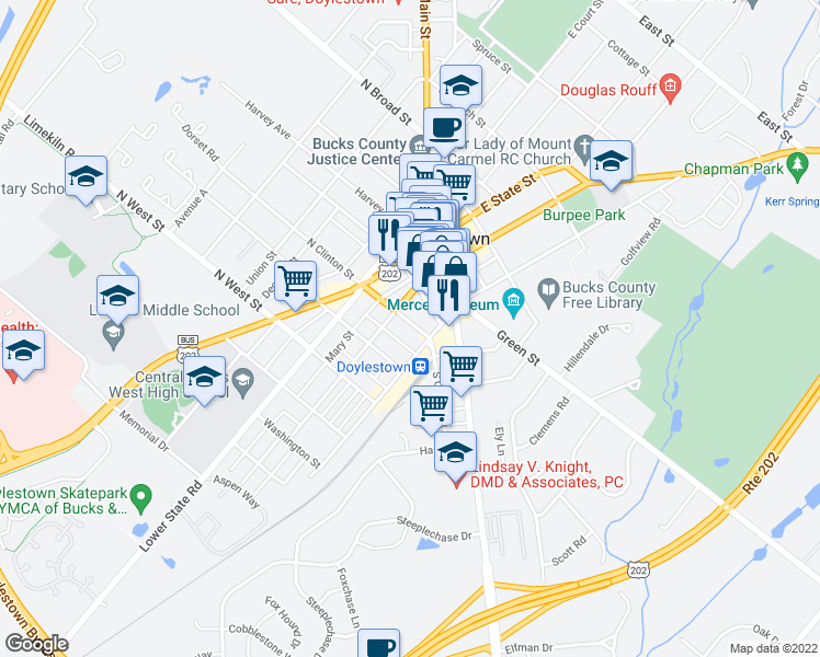 map of restaurants, bars, coffee shops, grocery stores, and more near 88 South Clinton Street in Doylestown