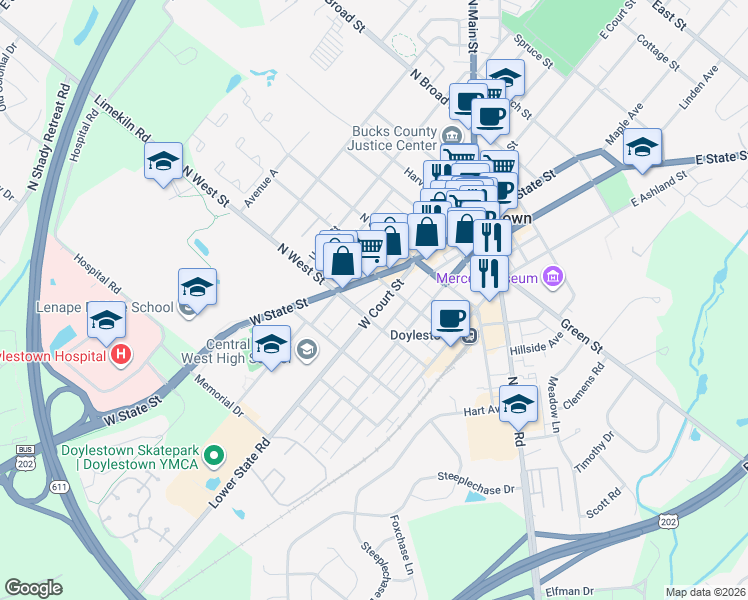 map of restaurants, bars, coffee shops, grocery stores, and more near 180 West State Street in Doylestown