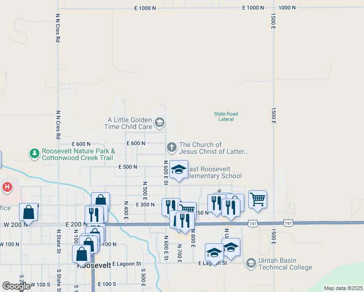 map of restaurants, bars, coffee shops, grocery stores, and more near 710 East 600 North in Roosevelt