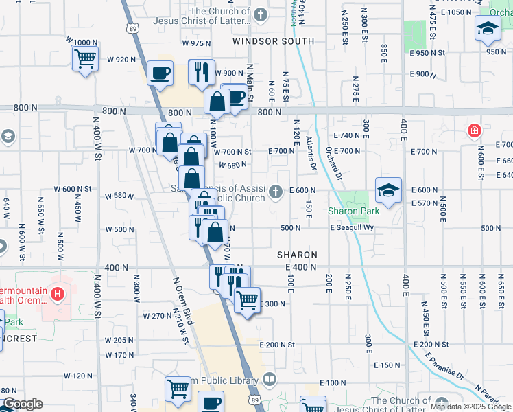 map of restaurants, bars, coffee shops, grocery stores, and more near 562 North Main Street in Orem