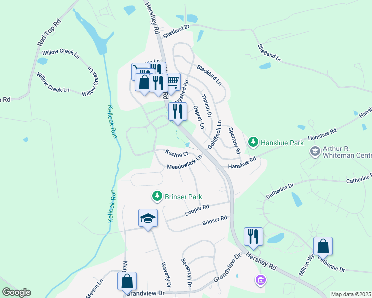 map of restaurants, bars, coffee shops, grocery stores, and more near 138 Kestrel Court in Hummelstown