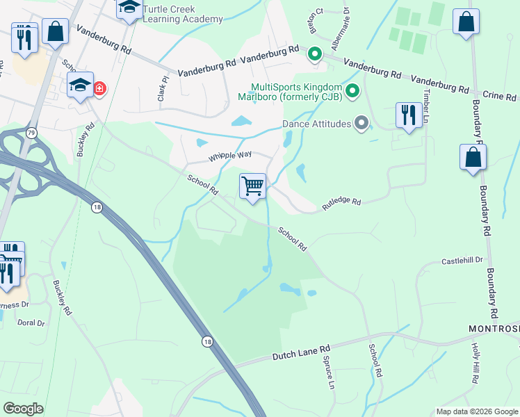 map of restaurants, bars, coffee shops, grocery stores, and more near 75 School Road in Marlboro Township
