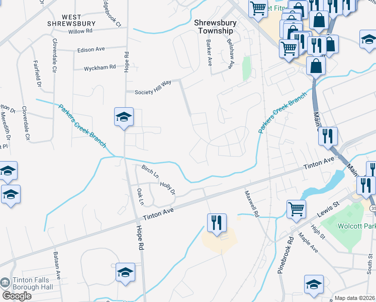 map of restaurants, bars, coffee shops, grocery stores, and more near 33 Players Circle in Tinton Falls