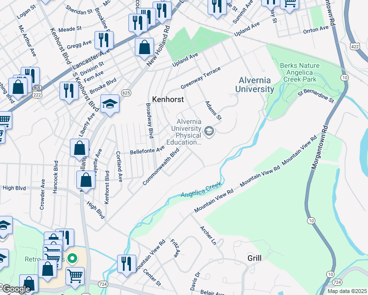 map of restaurants, bars, coffee shops, grocery stores, and more near 1300 Commonwealth Boulevard in Reading
