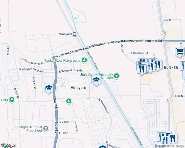 map of restaurants, bars, coffee shops, grocery stores, and more near 579 North 290 East in Vineyard