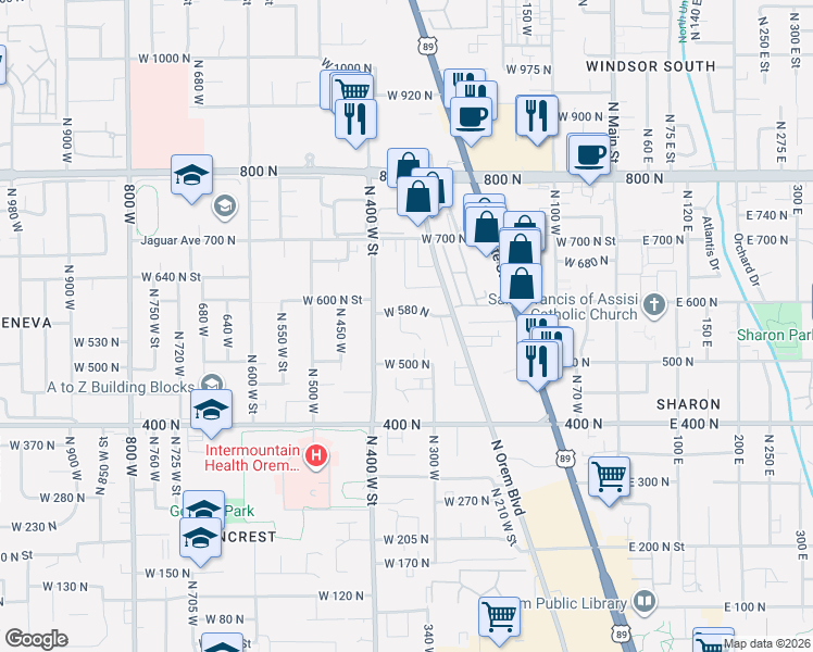 map of restaurants, bars, coffee shops, grocery stores, and more near 324 West 580 North in Orem
