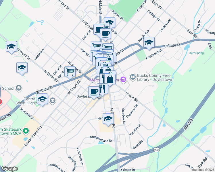 map of restaurants, bars, coffee shops, grocery stores, and more near 120 South Main Street in Doylestown