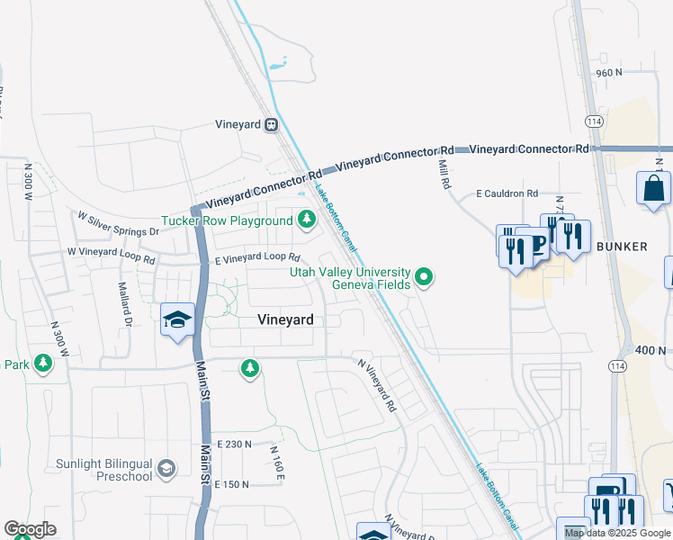 map of restaurants, bars, coffee shops, grocery stores, and more near 579 North 290 East in Vineyard
