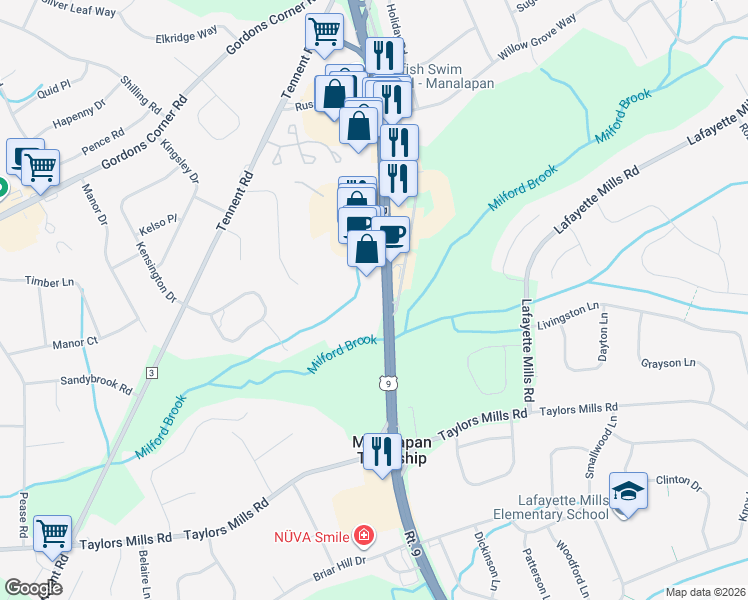 map of restaurants, bars, coffee shops, grocery stores, and more near 301 U.S. 9 in Manalapan Township