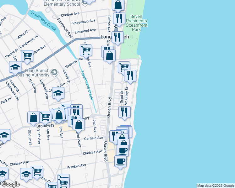 map of restaurants, bars, coffee shops, grocery stores, and more near 15 Greeley Terrace in Long Branch