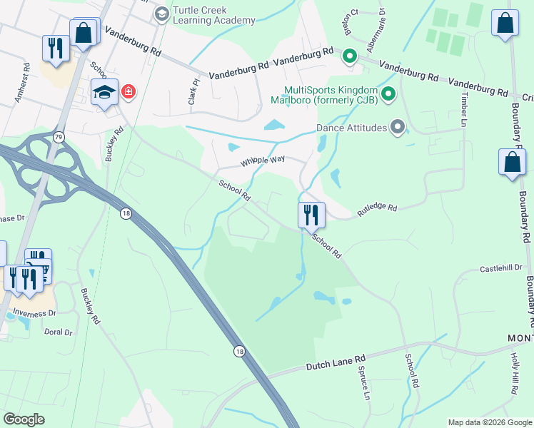 map of restaurants, bars, coffee shops, grocery stores, and more near 67 School Road in Marlboro