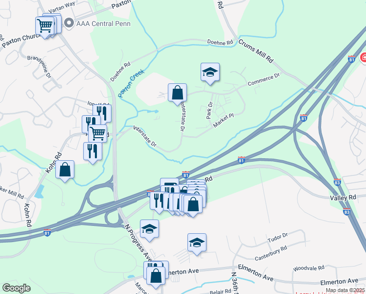 map of restaurants, bars, coffee shops, grocery stores, and more near 2575 Interstate Drive in Harrisburg